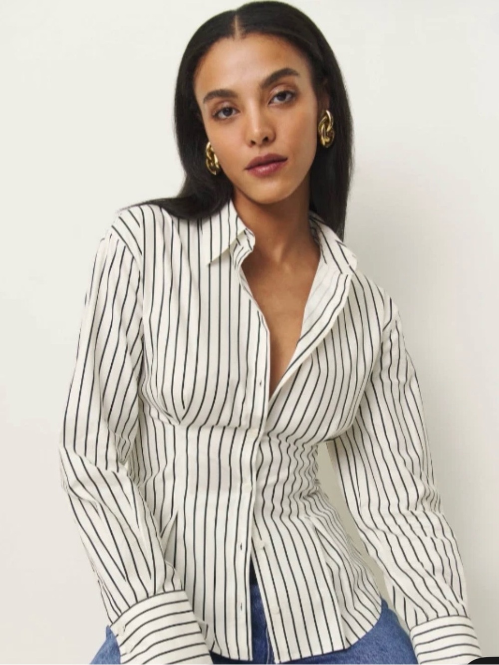 Reformation Becker Button Up Shirt Top White Black Striped 10 Tailored Career
